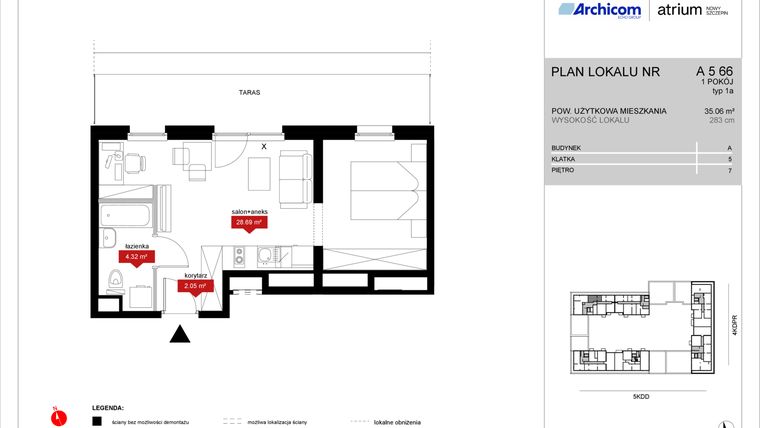 Rzut - Mieszkanie na sprzedaż 1 pokój o powierzchni 35,06 m² - numer A5 66 w Atrium - Nowy Szczepin