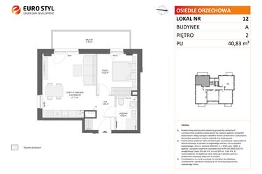Rzut - Mieszkanie na sprzedaż 2 pokoje o powierzchni 40,83 m² - numer A12 w Osiedle Orzechowa