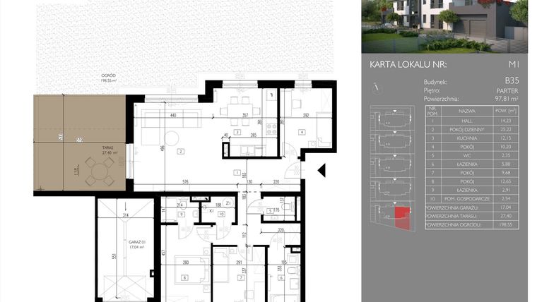 Rzut - Mieszkanie na sprzedaż 4 pokoje o powierzchni 97,81 m² - numer B35.M1 w Leśna Polana