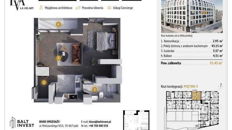 Rzut - Mieszkanie na sprzedaż 1 pokój o powierzchni 51,45 m² - numer M3.3 w La Vie Art