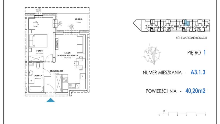 Rzut - Mieszkanie na sprzedaż 2 pokoje o powierzchni 40,2 m² - numer A3.1.3 w Apartamenty Nowe Miasto