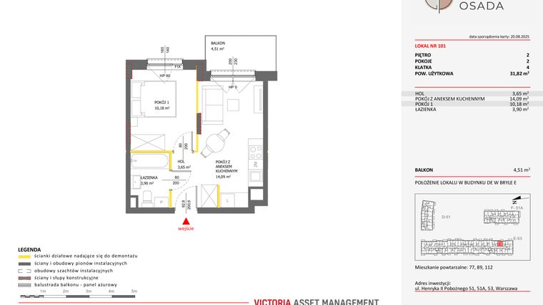 Rzut - Mieszkanie na sprzedaż 2 pokoje o powierzchni 31,82 m² - numer E.101 w Piastova Osada