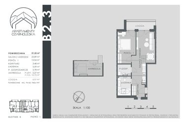 Rzut - Mieszkanie na sprzedaż 2 pokoje o powierzchni 51,55 m² - numer B2.3 w Apartamenty Czarnoleska