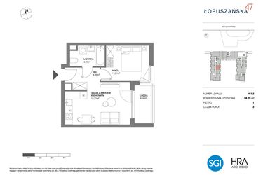 Rzut - Mieszkanie na sprzedaż 2 pokoje o powierzchni 38,7 m² - numer H.1.2 w Łopuszańska 47 - etap 3