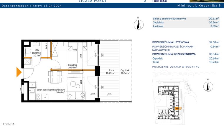 Rzut - Mieszkanie na sprzedaż 2 pokoje o powierzchni 35,34 m² - numer 0.15 w The Blue