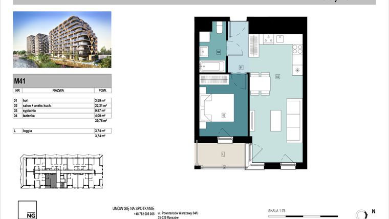 Rzut - Mieszkanie na sprzedaż 2 pokoje o powierzchni 39,84 m² - numer D41 w Panorama Kwiatkowskiego