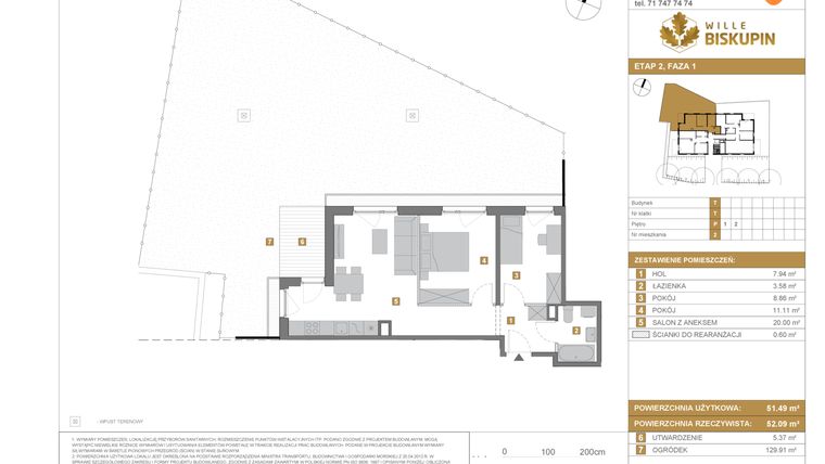 Rzut - Mieszkanie na sprzedaż 3 pokoje o powierzchni 51,49 m² - numer T2 w Wille Biskupin Etap 2.1
