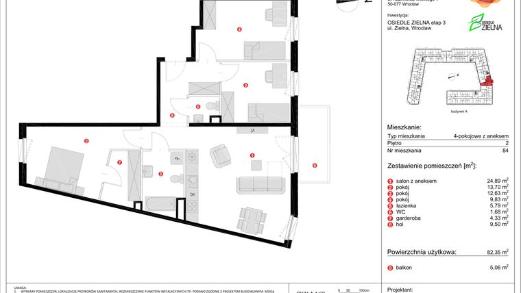 Rzut - Mieszkanie na sprzedaż 4 pokoje o powierzchni 82,35 m² - numer 3.A_1_84 w Osiedle Zielna