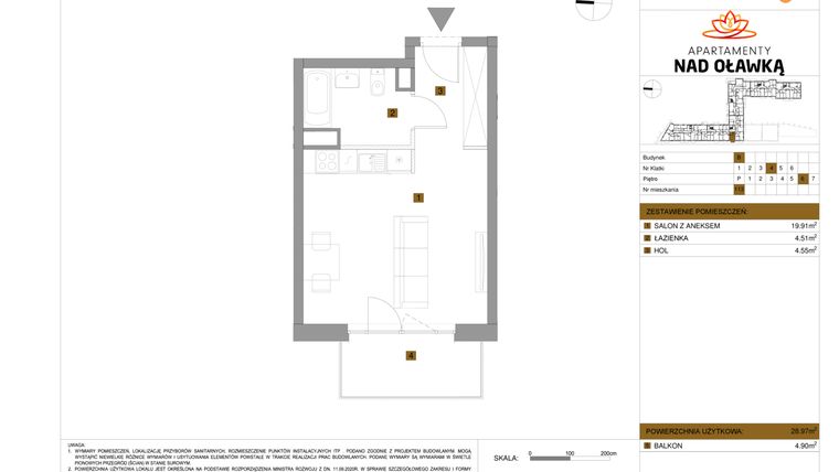 Rzut - Mieszkanie na sprzedaż 1 pokój o powierzchni 28,97 m² - numer 113 w Apartamenty nad Oławką etap II
