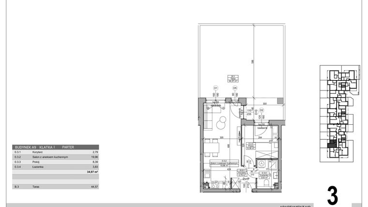 Rzut - Mieszkanie na sprzedaż 2 pokoje o powierzchni 34,97 m² - numer A.9.M.3 w Sobola Biel A9