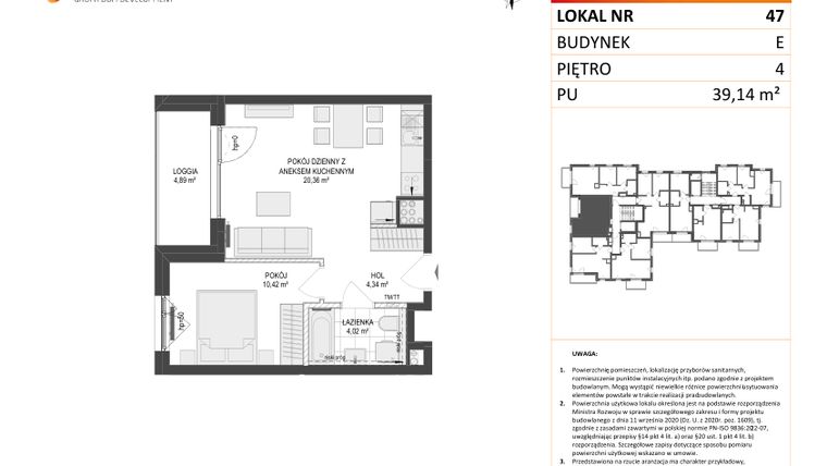 Rzut - Mieszkanie na sprzedaż 2 pokoje o powierzchni 39,14 m² - numer E.47 w Osiedle Warszawska