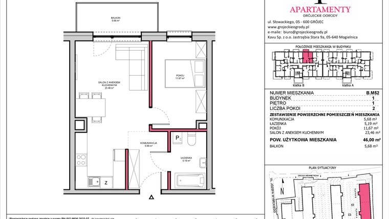 Rzut - Mieszkanie na sprzedaż 2 pokoje o powierzchni 46 m² - numer B.52 w Apartamenty Grójeckie Ogrody