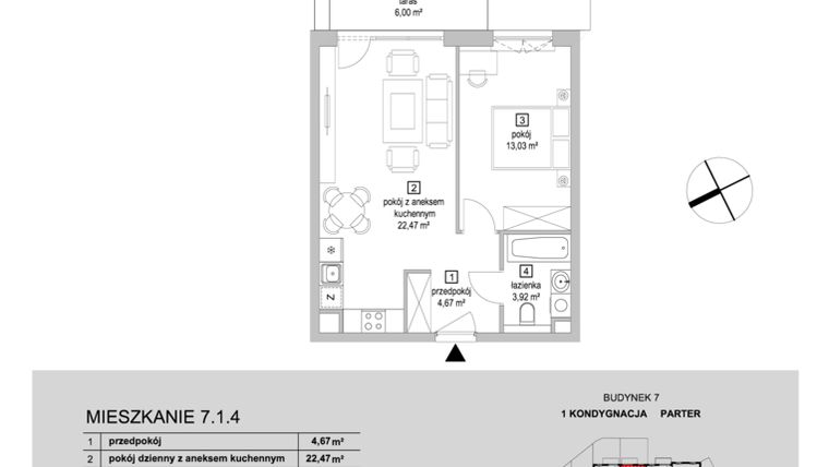 Rzut - Mieszkanie na sprzedaż 2 pokoje o powierzchni 44,09 m² - numer 7.1.4 w Osiedle Przyjemne IV