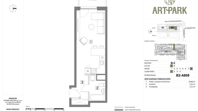 Rzut - Mieszkanie na sprzedaż 1 pokój o powierzchni 30,21 m² - numer B.2.A808 w Inhome Osiedle ArtPark etap I