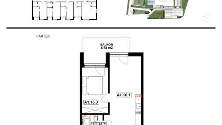 Rzut - Mieszkanie na sprzedaż 2 pokoje o powierzchni 39,22 m² - numer A1.16 w Apartamenty Dźwirzyno