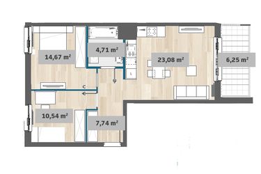 Rzut - Mieszkanie na sprzedaż 3 pokoje o powierzchni 59,22 m² - numer F1.E.01.01 w Sady Żoliborz