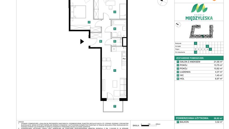 Rzut - Mieszkanie na sprzedaż 3 pokoje o powierzchni 58,92 m² - numer 114 w Osiedle Międzyleska - etap II