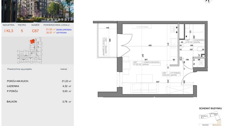 Rzut - Mieszkanie na sprzedaż 1 pokój o powierzchni 30,57 m² - numer I-C67 w Industria etap I-D oraz I-C