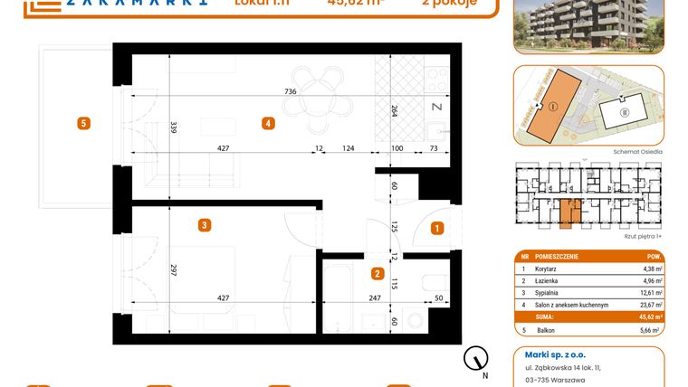 Rzut - Mieszkanie na sprzedaż 2 pokoje o powierzchni 45,62 m² - numer B1/1/11 w Zakamarki