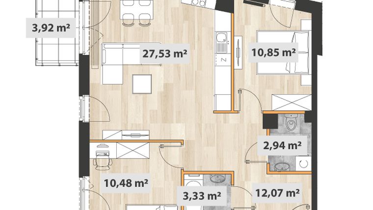 Rzut - Mieszkanie na sprzedaż 3 pokoje o powierzchni 70,33 m² - numer B.01.02 w Na Okrzei