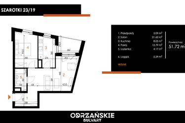 Rzut - Mieszkanie na sprzedaż 2 pokoje o powierzchni 51,72 m² - numer 23/19 w Odrzańskie Bulvary