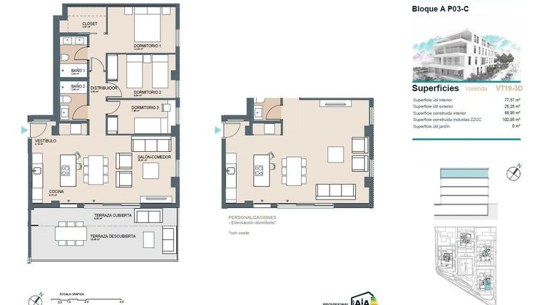 Rzut - Mieszkanie na sprzedaż 3 pokoje o powierzchni 102 m² - numer 3-C w Apartamenty w Benicasim - 40302107