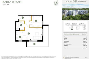 Rzut - Mieszkanie na sprzedaż 2 pokoje o powierzchni 46,39 m² - numer S2.2.06 w Ogrody Julianów