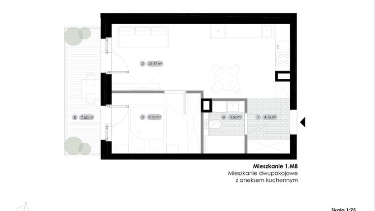 Rzut - Mieszkanie na sprzedaż 2 pokoje o powierzchni 39,34 m² - numer 1.M8 w Stalowa 76