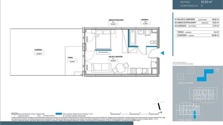 Rzut - Mieszkanie na sprzedaż 1 pokój o powierzchni 32,83 m² - numer L1.1.02 w Nordic Bemowo - etap III