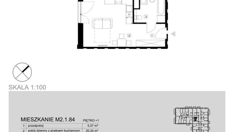 Rzut - Mieszkanie na sprzedaż 1 pokój o powierzchni 31,25 m² - numer M2.1.84 w Modern Helenów