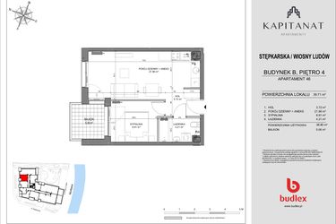 Rzut - Mieszkanie na sprzedaż 2 pokoje o powierzchni 39,71 m² - numer 46.B w Kapitanat Apartamenty