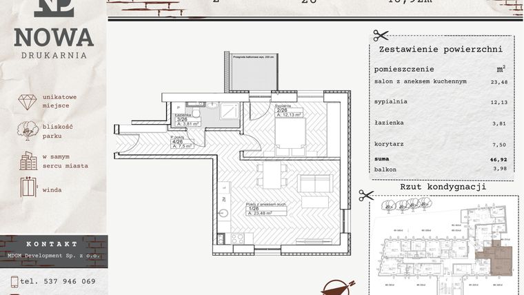 Rzut - Mieszkanie na sprzedaż 2 pokoje o powierzchni 46,92 m² - numer M26 w Nowa Drukarnia