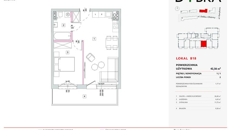 Rzut - Mieszkanie na sprzedaż 2 pokoje o powierzchni 42,56 m² - numer B18 w Dobka