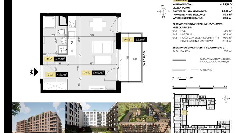 Rzut - Mieszkanie na sprzedaż 1 pokój o powierzchni 28,61 m² - numer M/94 w Tarasy Śląskie