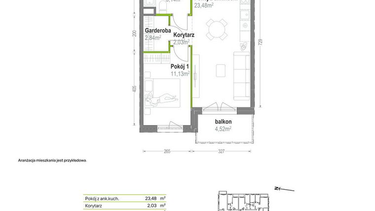 Rzut - Mieszkanie na sprzedaż 2 pokoje o powierzchni 44,62 m² - numer B.A.1.05 w Głębocka Vita
