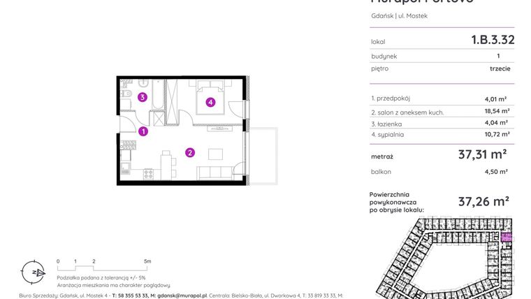 Rzut - Mieszkanie na sprzedaż 2 pokoje o powierzchni 37,26 m² - numer 1.B.3.32 w Murapol Portovo etap II