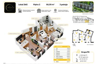 Rzut - Mieszkanie na sprzedaż 3 pokoje o powierzchni 66,09 m² - numer 2M02 w Złota Jabłonna