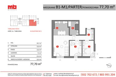 Rzut - Mieszkanie na sprzedaż 3 pokoje o powierzchni 77,7 m² - numer B1-M1 w Tabelowa NOVA
