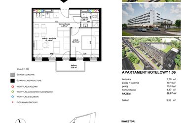 Rzut - Mieszkanie na sprzedaż 2 pokoje o powierzchni 38,01 m² - numer 1.06 w Apartamentowiec Zwycięska 3 - inwestycyjne
