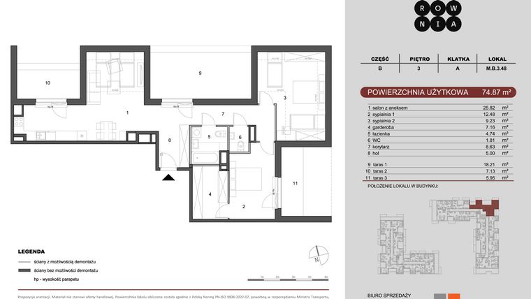 Rzut - Mieszkanie na sprzedaż 3 pokoje o powierzchni 74,87 m² - numer M.B.3.048 w CUKROWNIA