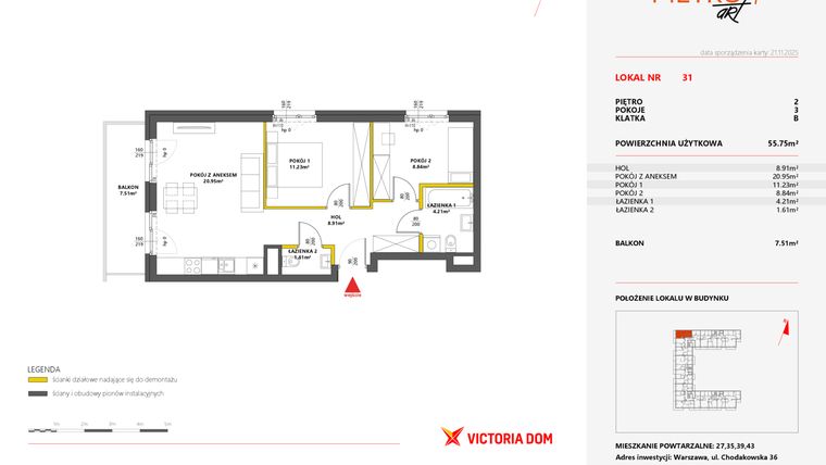 Rzut - Mieszkanie na sprzedaż 3 pokoje o powierzchni 55,75 m² - numer 31 w Metro Art 7