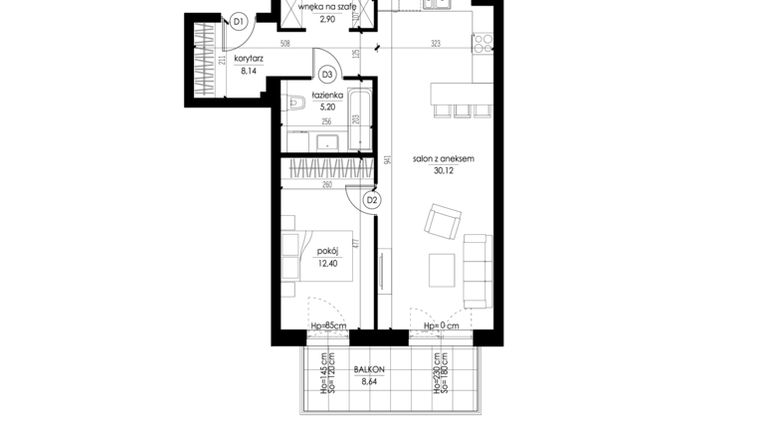 Rzut - Mieszkanie na sprzedaż 2 pokoje o powierzchni 58,76 m² - numer A.1.6 w Słoneczna 16