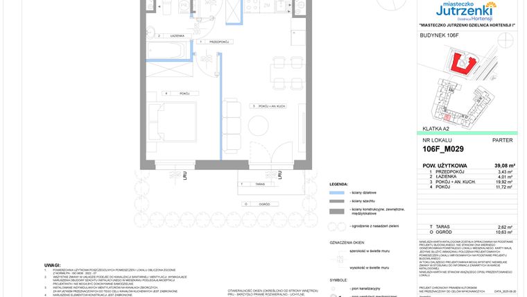 Rzut - Mieszkanie na sprzedaż 2 pokoje o powierzchni 39,08 m² - numer 106F/M029 w Miasteczko Jutrzenki Dzielnica Hortensji