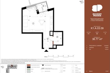 Rzut - Mieszkanie na sprzedaż 1 pokój o powierzchni 36,78 m² - numer K1.A.03.09 w Bulwary Praskie etap K i L