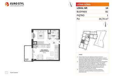 Rzut - Mieszkanie na sprzedaż 2 pokoje o powierzchni 34,74 m² - numer 14 w Leśna Góra