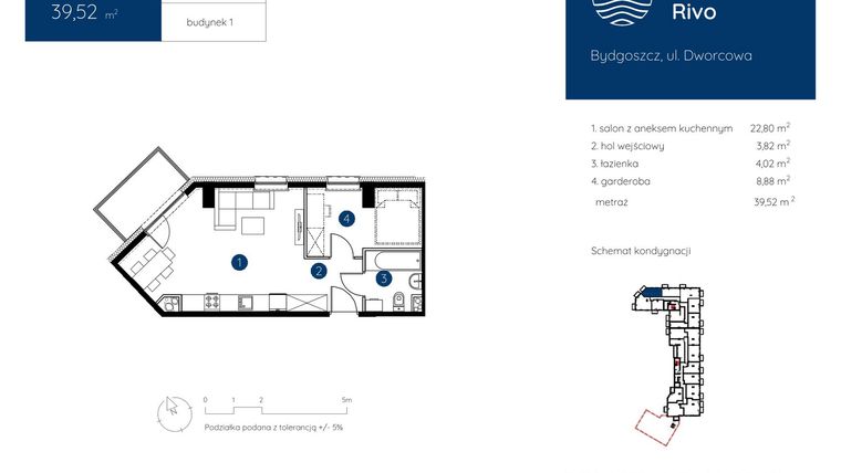 Rzut - Mieszkanie na sprzedaż 1 pokój o powierzchni 39,52 m² - numer 1.C.5.03 w Murapol Rivo