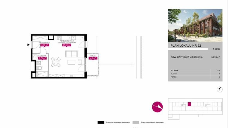 Rzut - Mieszkanie na sprzedaż 1 pokój o powierzchni 38,85 m² - numer G1.52 w Fuzja Mieszkania Loftowe