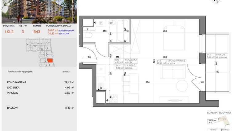 Rzut - Mieszkanie na sprzedaż 1 pokój o powierzchni 36,33 m² - numer I-B43 w Industria etap I-B