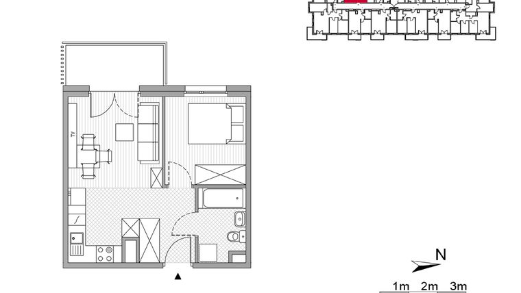 Rzut - Mieszkanie na sprzedaż 2 pokoje o powierzchni 33,58 m² - numer 34 w ul. Powstańców/os. Piastów bud. F