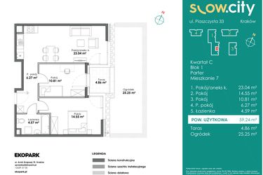 Rzut - Mieszkanie na sprzedaż 3 pokoje o powierzchni 59,24 m² - numer C1-7 w Slow City
